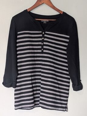 Croft & Barrow Black & Gray Striped 3/4 Sleeve Henley Shirt